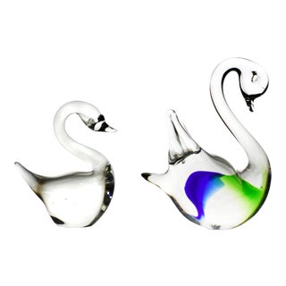 Late 20th Century Hand Blown Swan Bird Art Glass Figurine - 2 Pieces For Sale