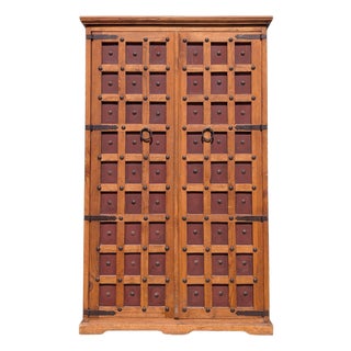 Vintage Mexican Solid Wood Armoire With Handcrafted Iron Hardware For Sale