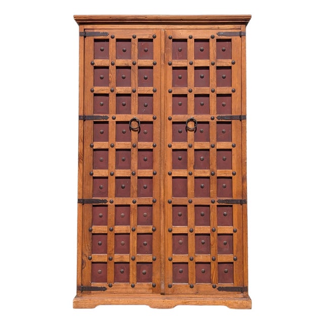 Vintage Mexican Solid Wood Armoire With Handcrafted Iron Hardware For Sale