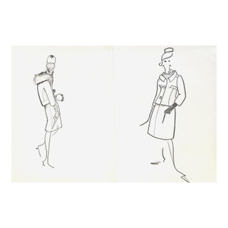 1960s Set of 2 Mid-Century Haute Couture Fashion Drawings by Michel Goma For Sale