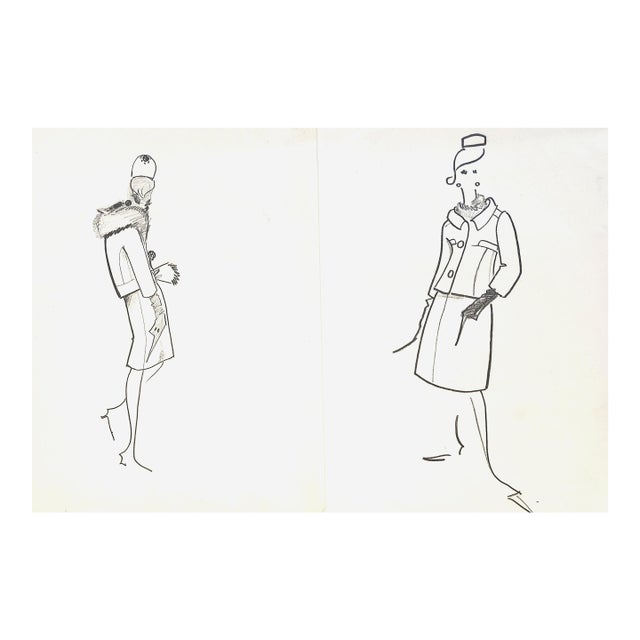1960s Set of 2 Mid-Century Haute Couture Fashion Drawings by Michel Goma, Matted For Sale