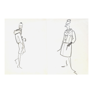 1960s Set of 2 Mid-Century Haute Couture Fashion Drawings by Michel Goma, Matted