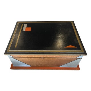 1930s Paul Frankl Style Art Deco Lidded Hand-Painted Geometric Cigar Box Jewelry Box For Sale