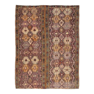 Vintage Brown Purple and Orange Turkish Kars Kilim Oversized Rug For Sale