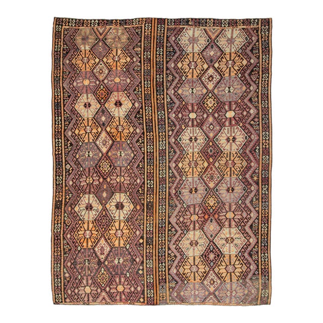 Vintage Brown Purple and Orange Turkish Kars Kilim Oversized Rug For Sale