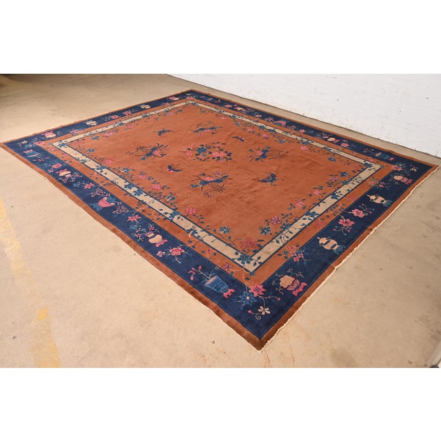 A beautiful antique hand-knotted Chinese Nichols Art Deco large room size wool area rug China, Circa 1920s Brown field,...