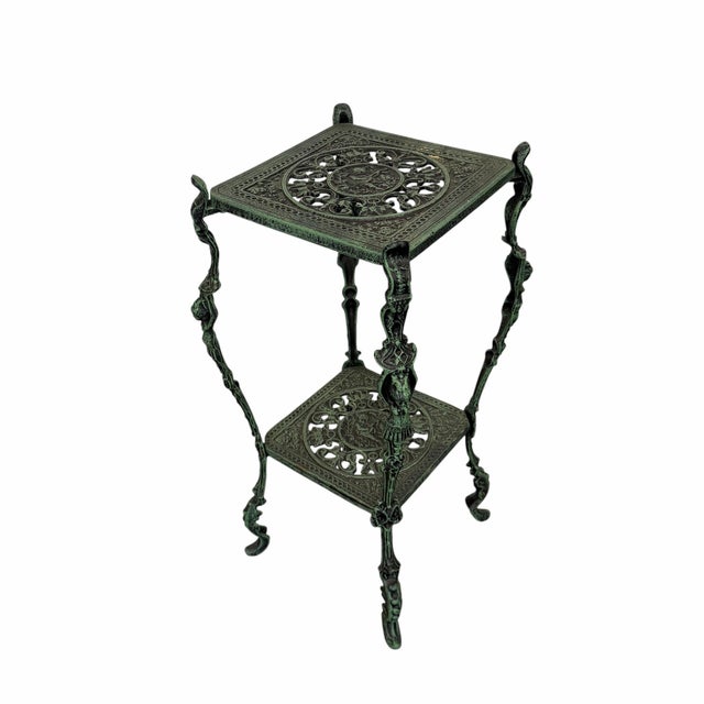 Vintage Figural Leg Verdigris Two Tier Plant Stand For Sale - Image 4 of 6