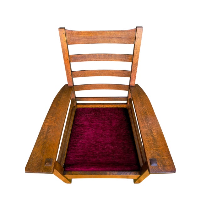 Stickley Mission Collection Oak & Velvet Bow Arm Lounge Chair (Model 89-2590) For Sale - Image 11 of 16