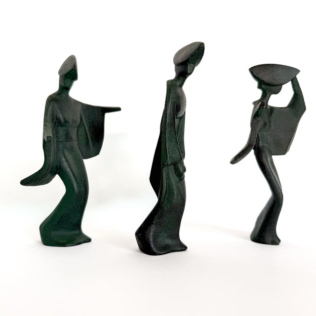 Dark Green Set of Three Japanese Modernist Cast Iron Figural Sculptures, Mid-Century For Sale - Image 8 of 9