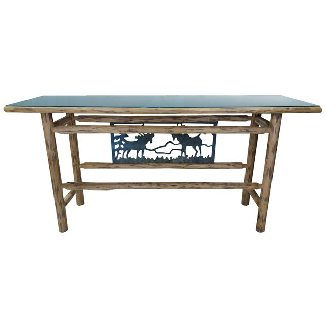 Western Rustic Lodge Console / Sofa Table with Cast Moose Panel, a striking and highly decorative Western lodge table by...