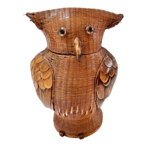 Vintage Wicker Owl Lidded Basket With Carved Wood Feathers