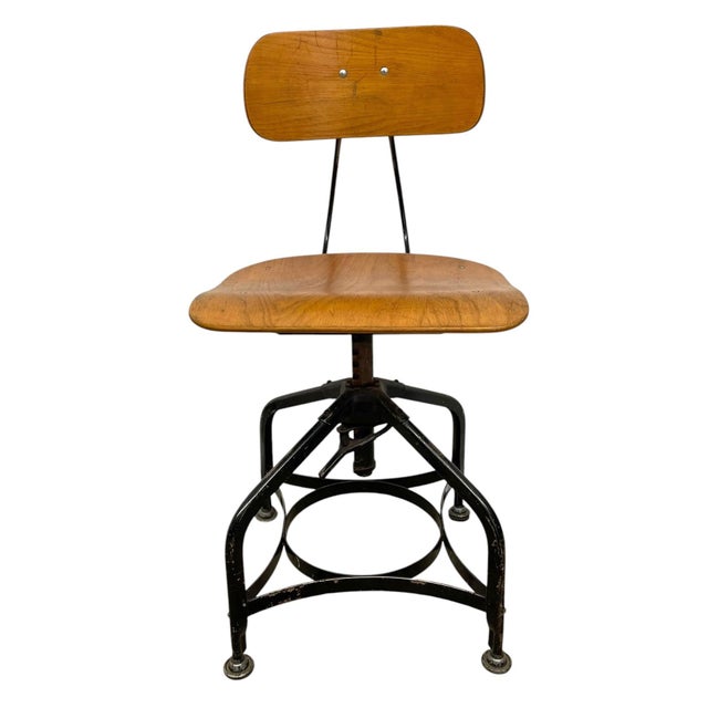 Vintage Industrial Adjustable Height Drafting Chair With Bentwood Seat For Sale - Image 9 of 10