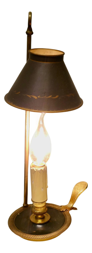 French Green and Gold Toleware and Brass Candle Lamp, 1900s