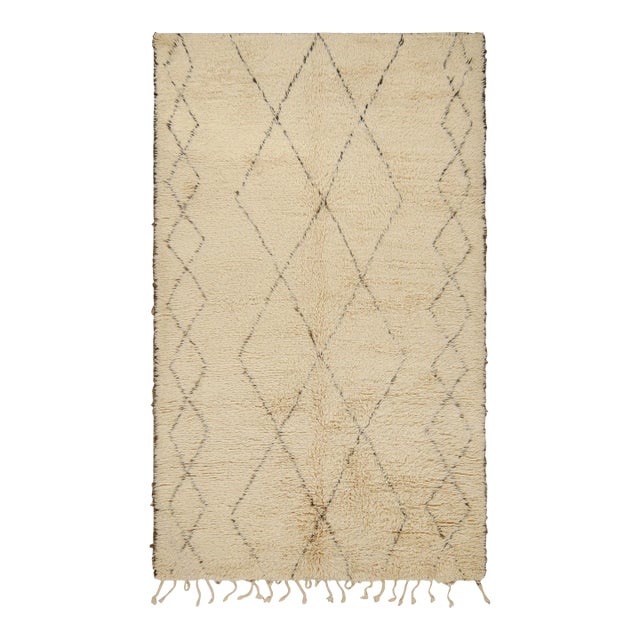 Vintage Moroccan Style Rug in White With Brown Geometric Patterns, From Rug & Kilim For Sale