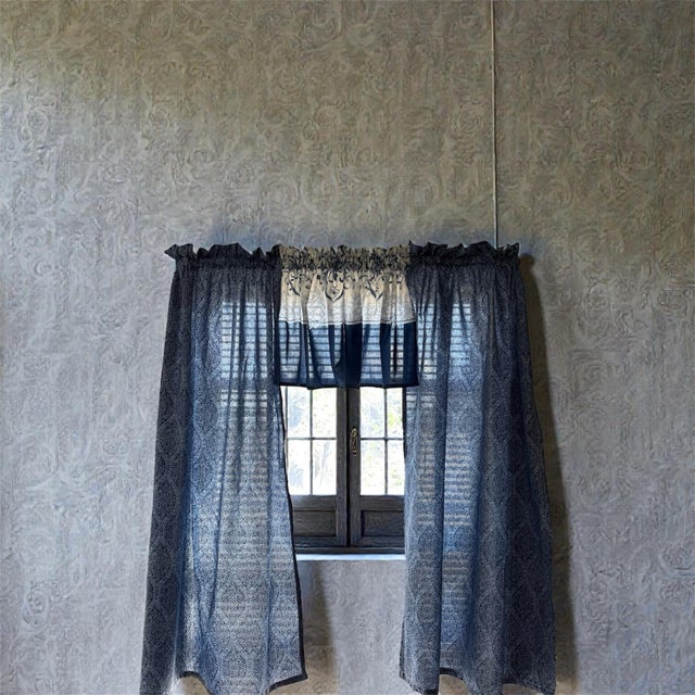 Blue Oriental Cafe Curtains 45 Length Kitchen / Bathroom Set of 2 Panels & 2 Valances 16 X45 Wide For Sale - Image 9 of 10