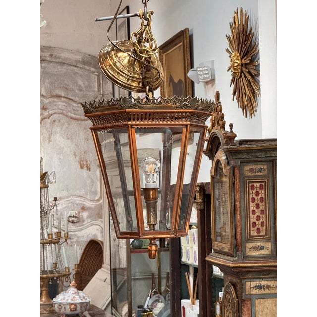 19th Century Italian Brass and Copper Wall Lantern With Beveled Glass Panels For Sale - Image 6 of 7