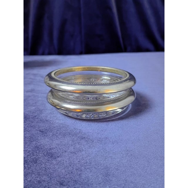 1960s Art Deco Pressed Glass and Silver Rim With Ice Bucket Coasters Pinch Bowl and French Claw Ice Tongs - 5 Piece Bar Set For Sale - Image 15 of 17