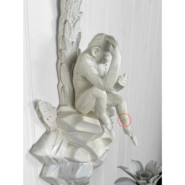 Vintage Florida Regency White Lacquered Palm Tree & Monkey Candle Wall Sconce For Sale - Image 9 of 11