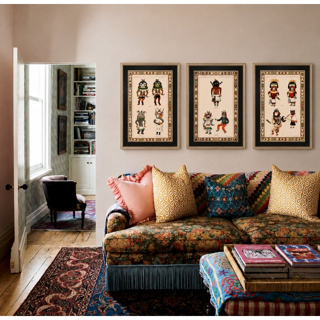 Introduce a stately curated triptych installation of traditional Native American heritage and vibrant geometric folk art...
