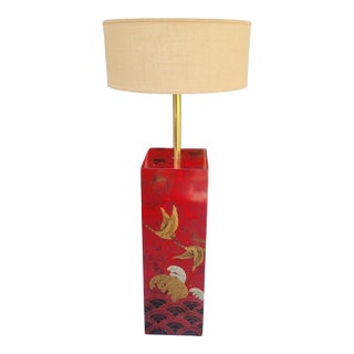 Rare Vintage Chinoiserie Red Lacquered Pedestal Bird Floor Lamp With Huge Linen Shade For Sale