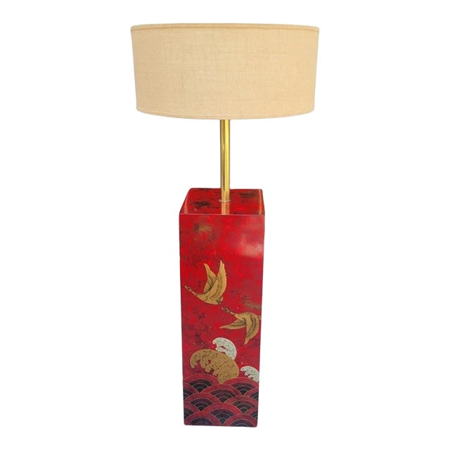 Rare Vintage Chinoiserie Red Lacquered Pedestal Bird Floor Lamp With Huge Linen Shade For Sale