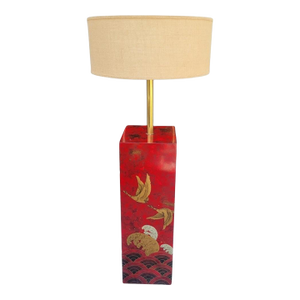 Rare Vintage Chinoiserie Red Lacquered Pedestal Bird Floor Lamp With Huge Linen Shade