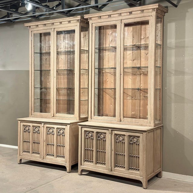 Gothic Pair of Monumental Stripped Gothic Revival Solid Oak Display Bookcases For Sale - Image 3 of 18