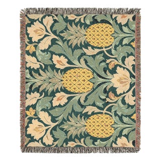 Arts & Crafts Pineapple Botanical Woven Throw Blanket – Green & Gold, 60 × 50 For Sale