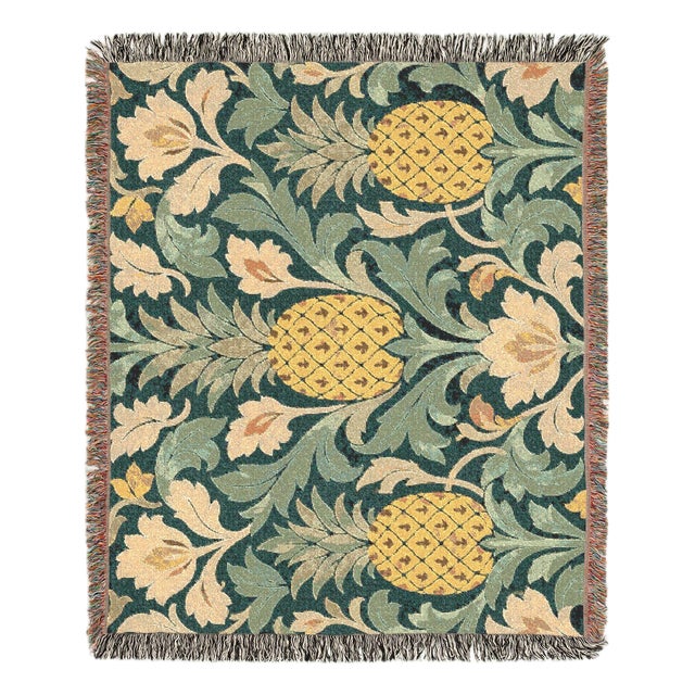 Arts & Crafts Pineapple Botanical Woven Throw Blanket – Green & Gold, 60 × 50 For Sale
