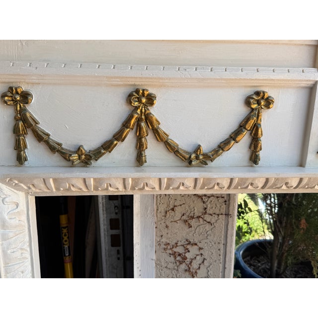 Monumental Hand-Carved Louis XVI Style White & Gilt Architectural Fireplace Mantel, Solid Wood, 83”w For Sale In Miami - Image 6 of 16