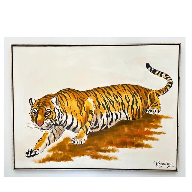 Mid 20th Century Large Signed Tiger Painting, Acrylic on Canvas, Mid-Century Modern For Sale - Image 5 of 10