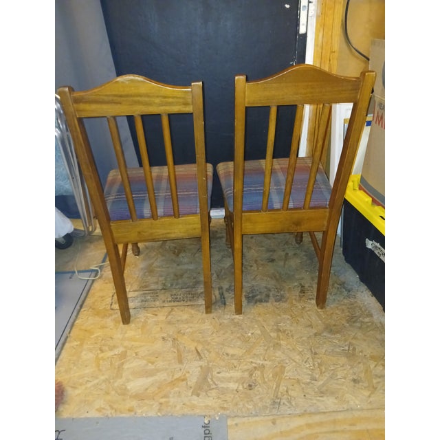 Mission Vintage 70s Oak Finish Two Side Chairs With Burgundy Plaid Seats For Sale - Image 3 of 6