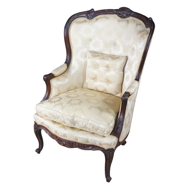 Victorian 2 Antique French Louis XV Walnut Fauteuil Bergere Wingback Armchairs For Sale - Image 3 of 17