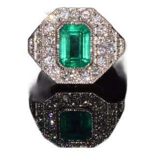 Gia Certified 3.98ct Natural Zambian Emerald & Diamond Tiered Halo Milgrain 18k White Gold Ring, Size 6.5 For Sale