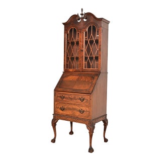Chippendale Flame Mahogany Drop Front Secretary Desk With Bookcase Hutch by Saginaw Furniture, Circa 1920s For Sale