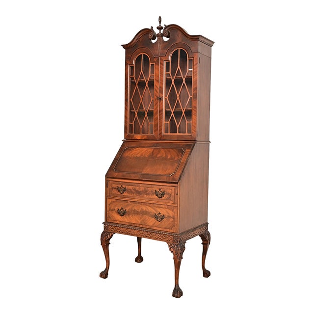 Chippendale Flame Mahogany Drop Front Secretary Desk With Bookcase Hutch by Saginaw Furniture, Circa 1920s For Sale