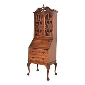 Chippendale Flame Mahogany Drop Front Secretary Desk With Bookcase Hutch by Saginaw Furniture, Circa 1920s