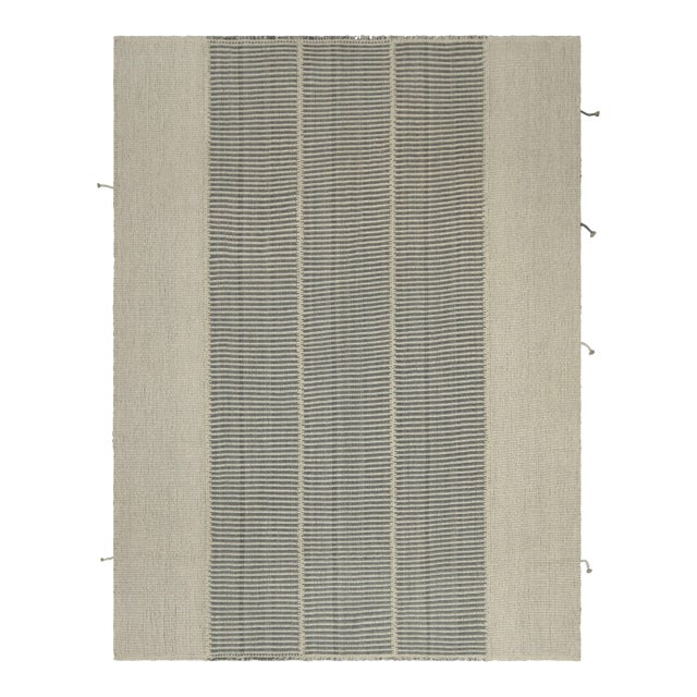 Rug & Kilim’s Contemporary Kilim in Slate Gray, White and Beige Textural Stripes For Sale