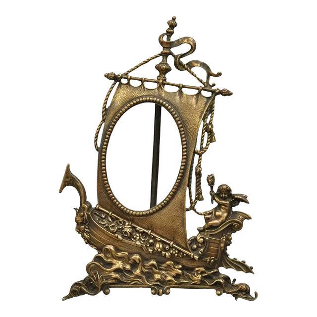 Antique French Renaissance Style Brass Oval Picture Frame With Ship and Cherub For Sale