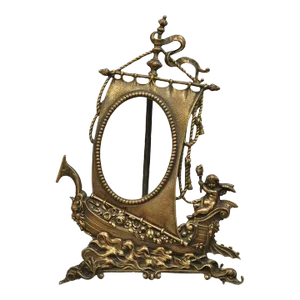 Antique French Renaissance Style Brass Oval Picture Frame With Ship and Cherub