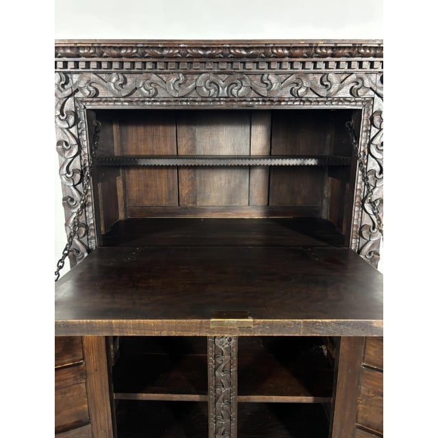 Antique Baroque Oak Fall-Front Cabinet with Deep Carved Decoration, 1880 For Sale - Image 9 of 18
