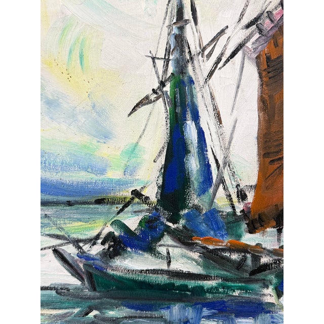 Mid 20th Century Harbor Boats Acrylic Painting on Canvas, Vintage For Sale - Image 5 of 12