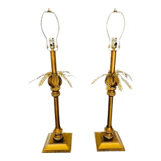 Pair of MidCentury Chinese Gold Tole Palm Tree Table Lamps For Sale