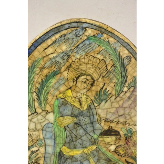 Antique Persian Iznik Qajar Style Ceramic Pottery Oval Tile Kneeling Woman C3 For Sale - Image 4 of 11