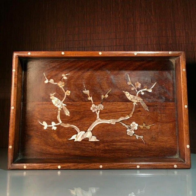 Mid 20th Century Vintage Huanghuali Wood Tray With Mother-of-Pearl Birds For Sale - Image 5 of 9