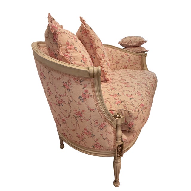 Gorgeous 20th Century French Settee With New LoveShackFancy Linen Upholstery For Sale In Los Angeles - Image 6 of 9