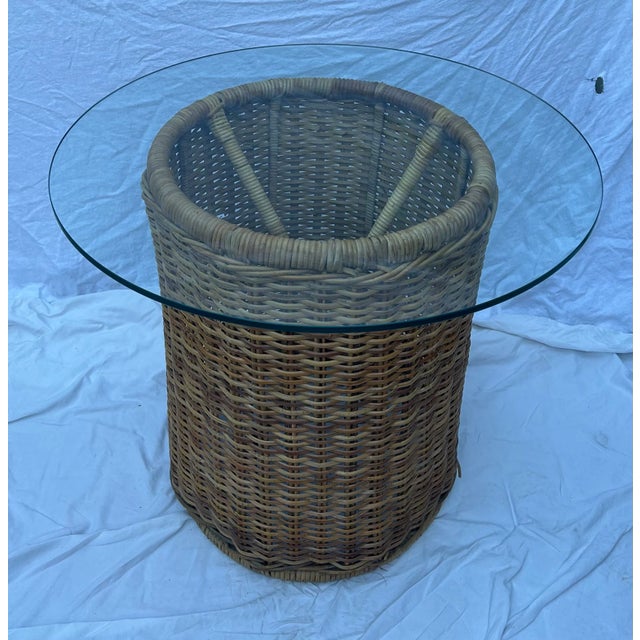 Brown California Coastal Chic Rattan Wicker Round Table With Glass Top For Sale - Image 8 of 9