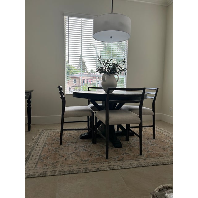 Pottery Barn 48” blackeded Oak Dining Table. In excellent condition. Four Restoration Hardware Cane Back Dining Chairs in...