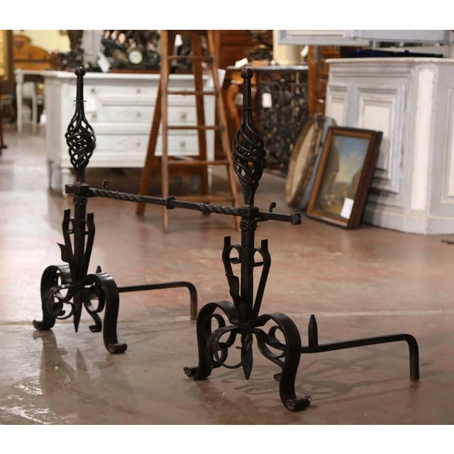 Black Pair of Early 19th Century French Wrought Iron Andirons With Matching Cross Bar - 3 Piece Set For Sale - Image 8 of 10