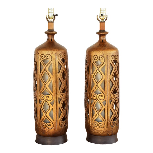 1960s Gorgeous Golden Mid-Century Brutalist Cut-Out Large Ceramic Table Lamps - A Pair For Sale